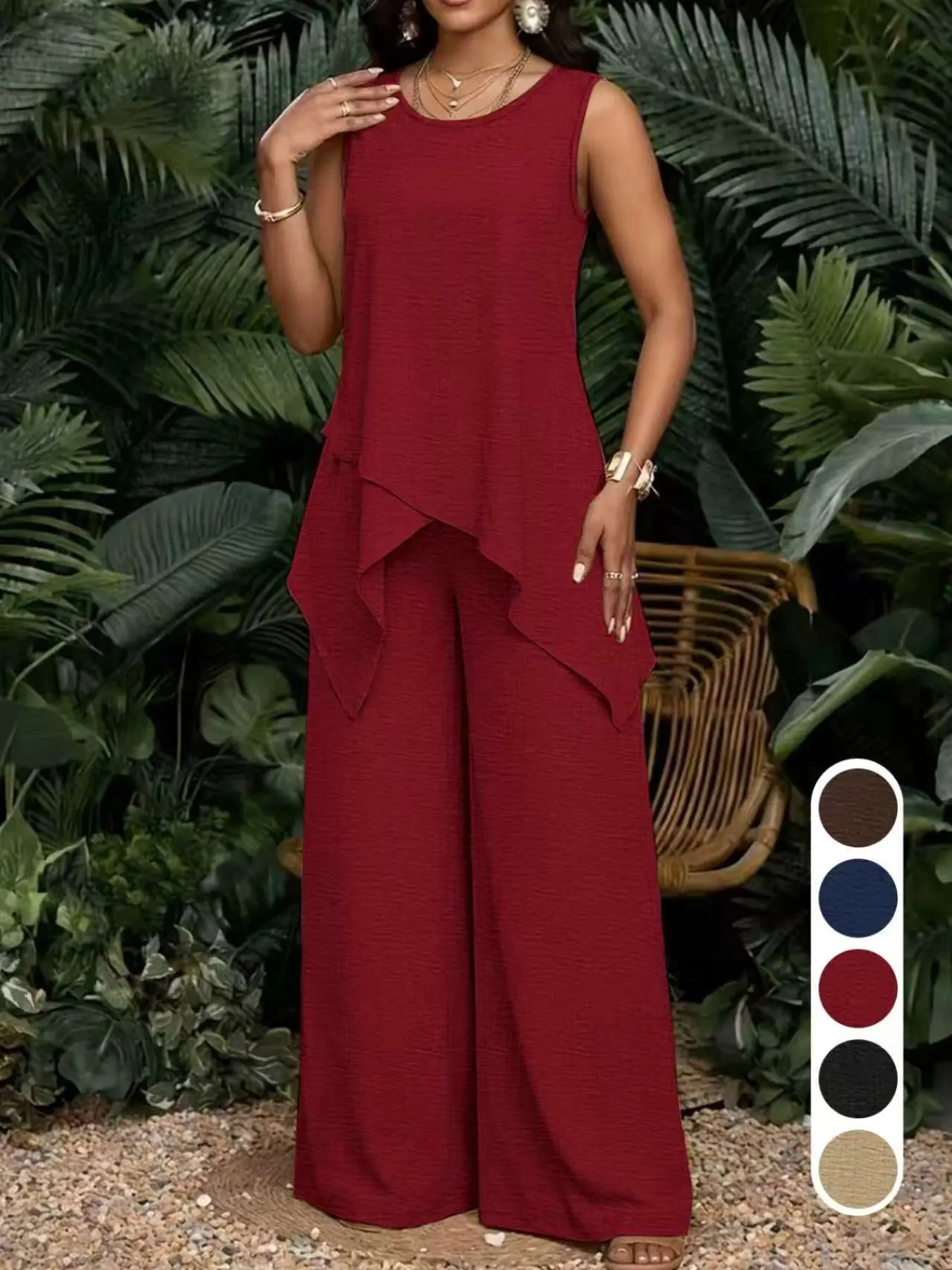 Round Neck Asymmetrical Drop Shoulder Sleeveless Two-Piece Set, High-Waist Wide Leg Pants, Casual Daily Wear, Travel, Chic, Women, Ff2642