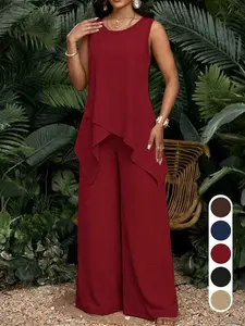Round Neck Asymmetrical Drop Shoulder Sleeveless Two-Piece Set, High-Waist Wide Leg Pants, Casual Daily Wear, Travel, Ff2642