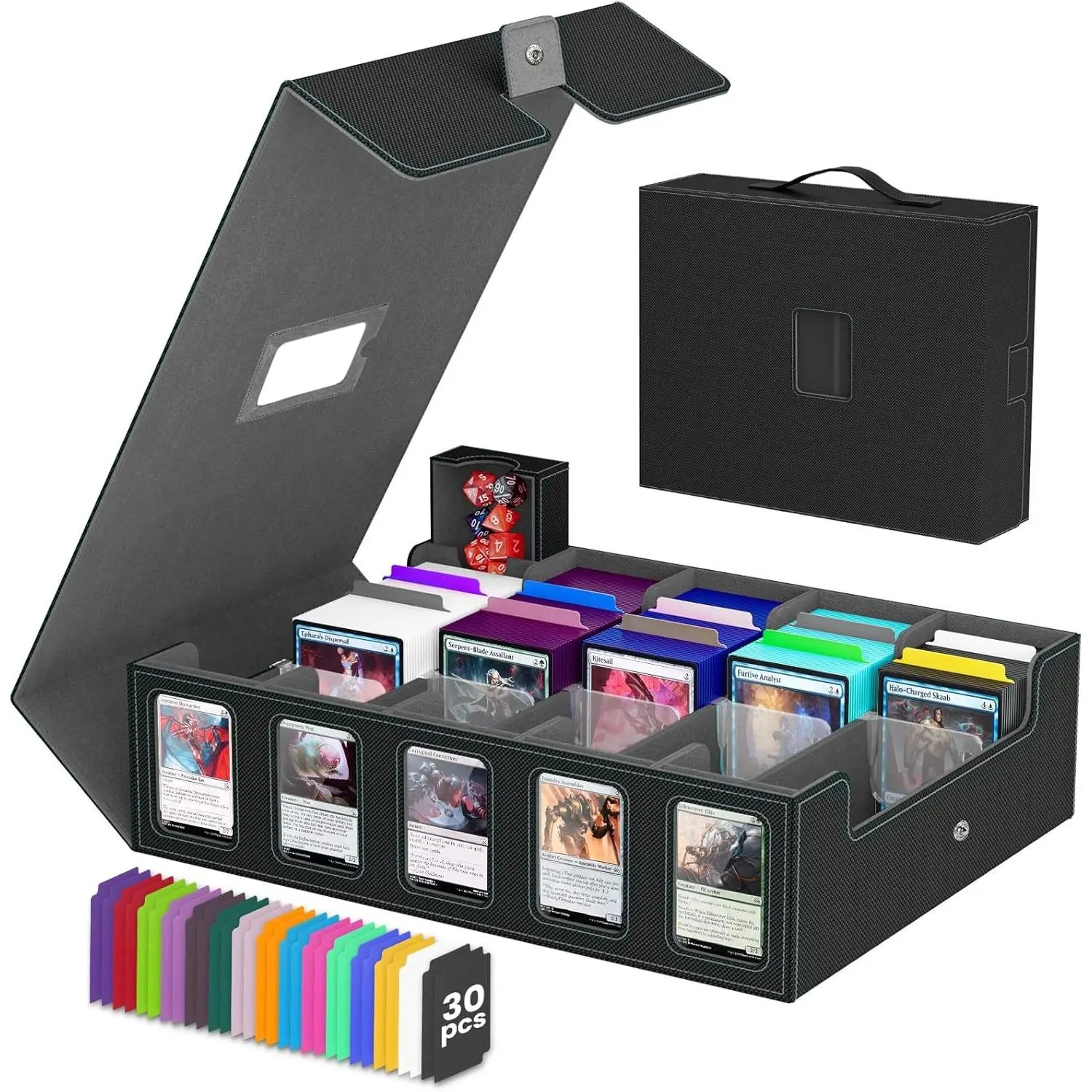 Trading Card Storage Box, 5-Row Card Case with Commander Display & Portable Handle, 4200+ MTG Deck Box Compatible for MTG/TCG/Magic Cards, 30 Colorful Divider, 8 Card Supporters (Black & Grey)
