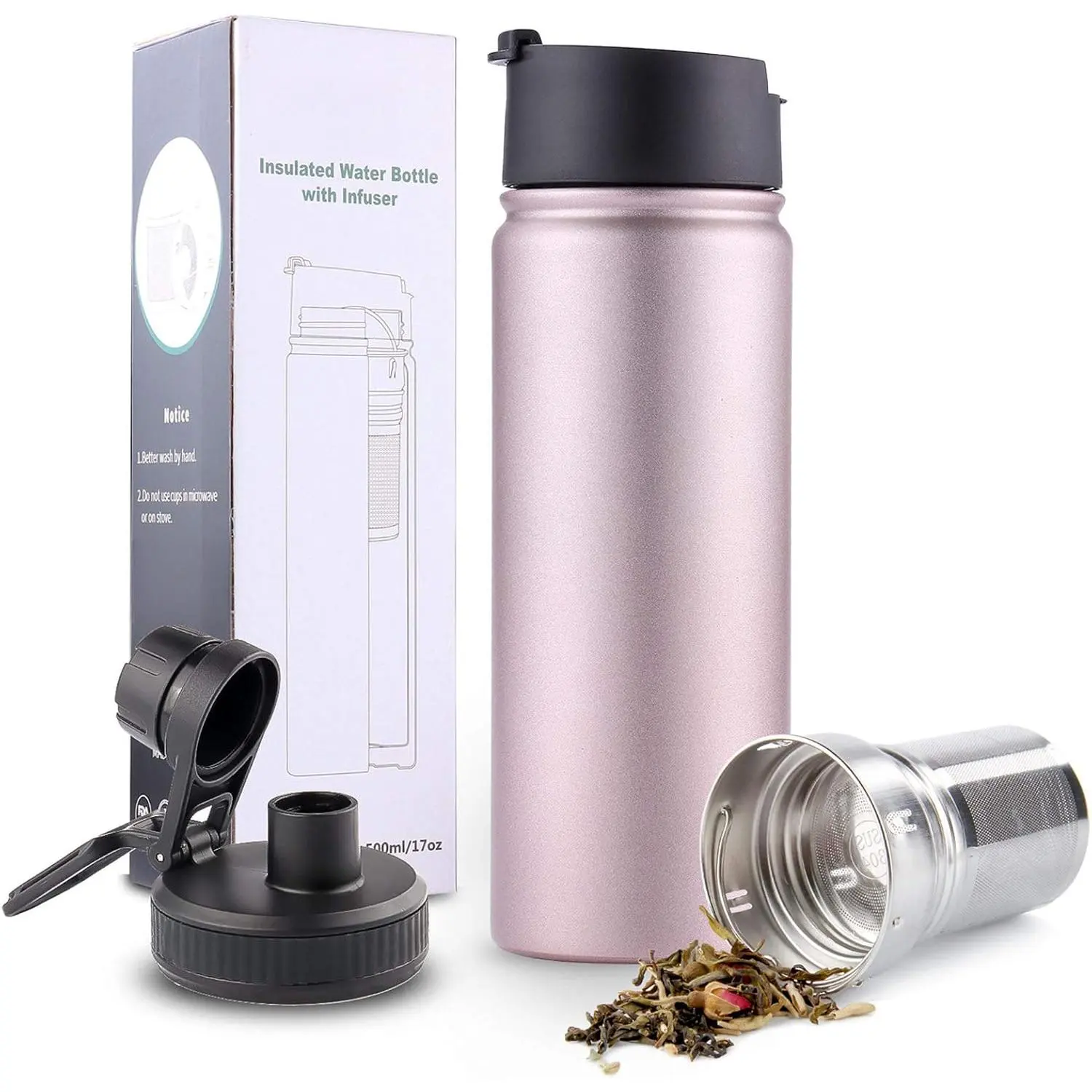 Travel tea set cup, equipped with a detachable tea filter, tea-water separation water bottle, 18/8 stainless steel insulated cup, for women only