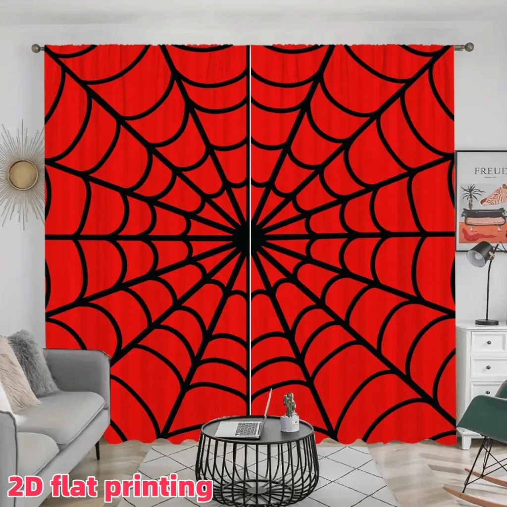 2D Flat 2Pcs Spider Web Pattern Curtains, Spooky Red & Black Design Window Drapes, Semi Sunshade Pole Pocket Panels for Halloween Party Living Room, Bedroom, Den Decor, Anti Privacy Accessory .