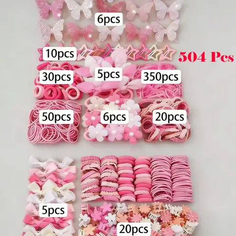 500pcs/Set Girls' Pink Bowknot Hair Clips, Cute Girly Princess Hair Accessories, High Elastic Durable Non-Damaging Hair Ties, Hair Bands, Rabbit Ear Hair Rings, Versatile Duck Clip Barrettes, Suitable For Daily Use, Hair Decor, Hair Accessories Sets