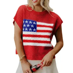 American Flag Pattern Hollow Knit Sleeveless Top for Women, Loose Cropped Short Cap Sleeve Knit Sweater Fit For 4th Of July Independence Day Parties, Daily Casual Street Outfits With Breathable Mesh Knit Fabric
