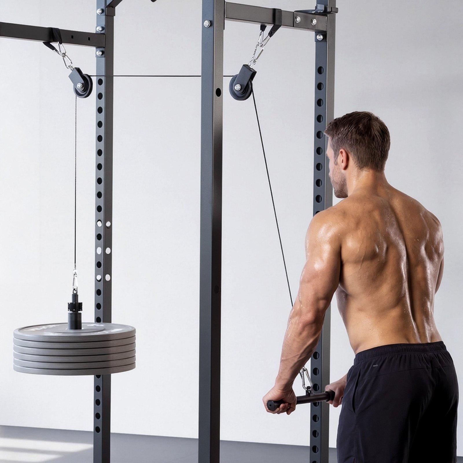 VEVOR Pulley System, 2 PCS LAT and Lift Pulley System, Gym Rack Pulleys Attachment with two Steel Cables, Short Bar, Dual Grip Handles, Cable Machine for Bicep, Shoulder, Back, Up to 330 lbs Capacity