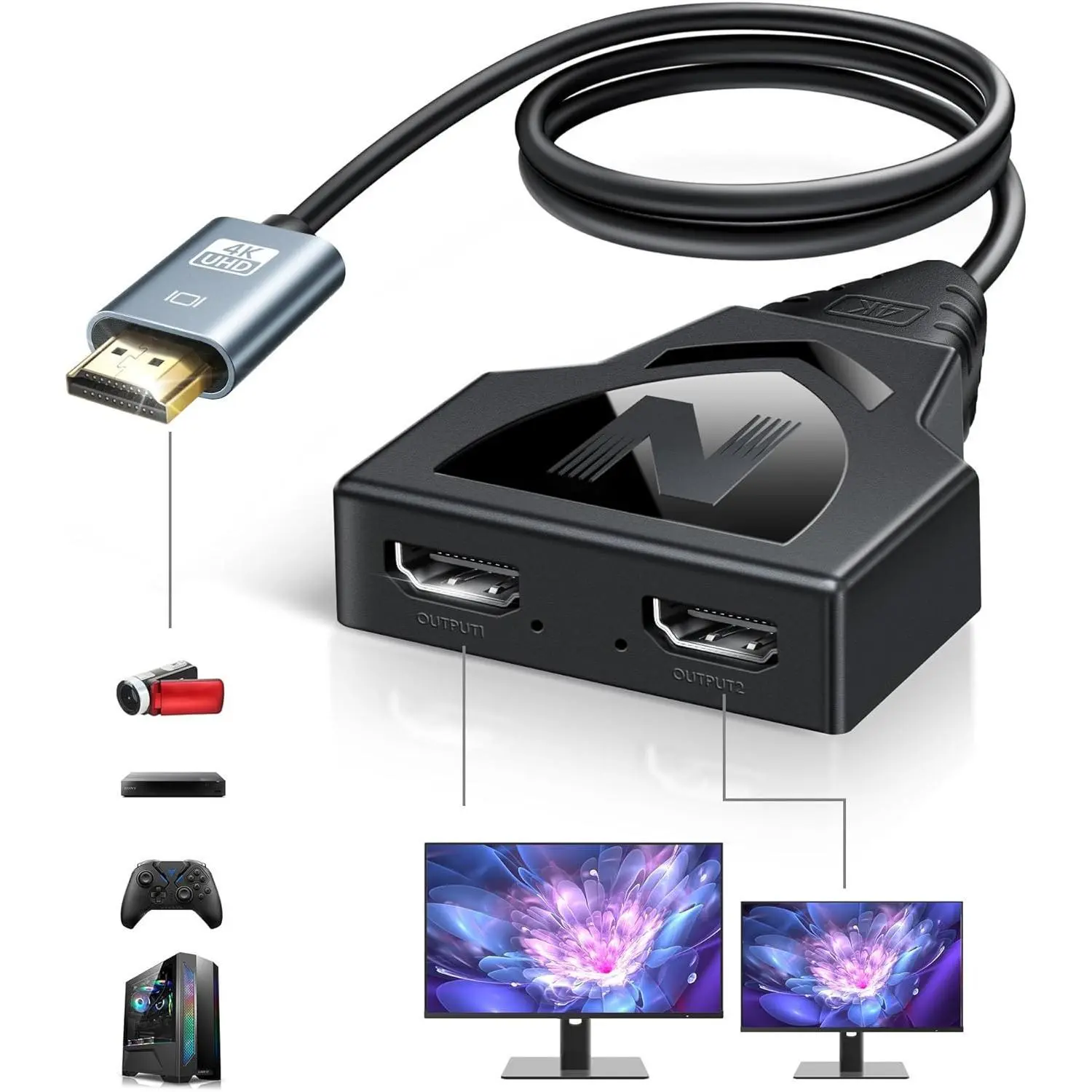 4K HDMI Cable Splitter 1 in 2 Out with 2.6ft Integrated HDMI 2.0 Cable, 4K@30Hz One Male to Two Female HDMI Splitter, Mirror Only for Two Monitors, Compatible with PS5/4, HDTV, 1080P