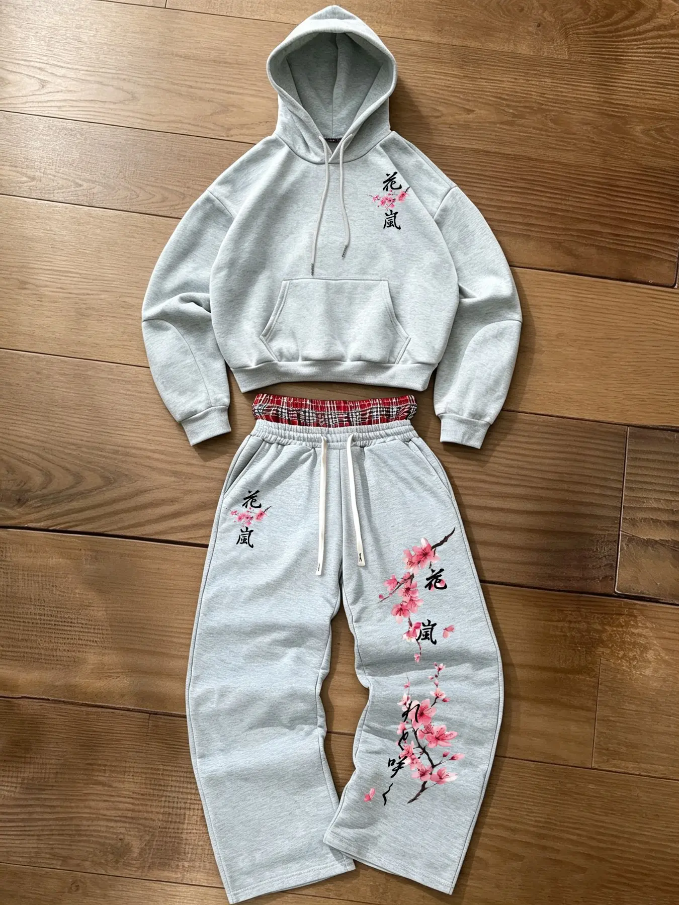 Men's Two-Piece Set, Hooded Sweatshirt with Pockets + Loose Wide-Leg Pants, Cherry Blossom Japanese Print, Casual Outdoor Streetwear