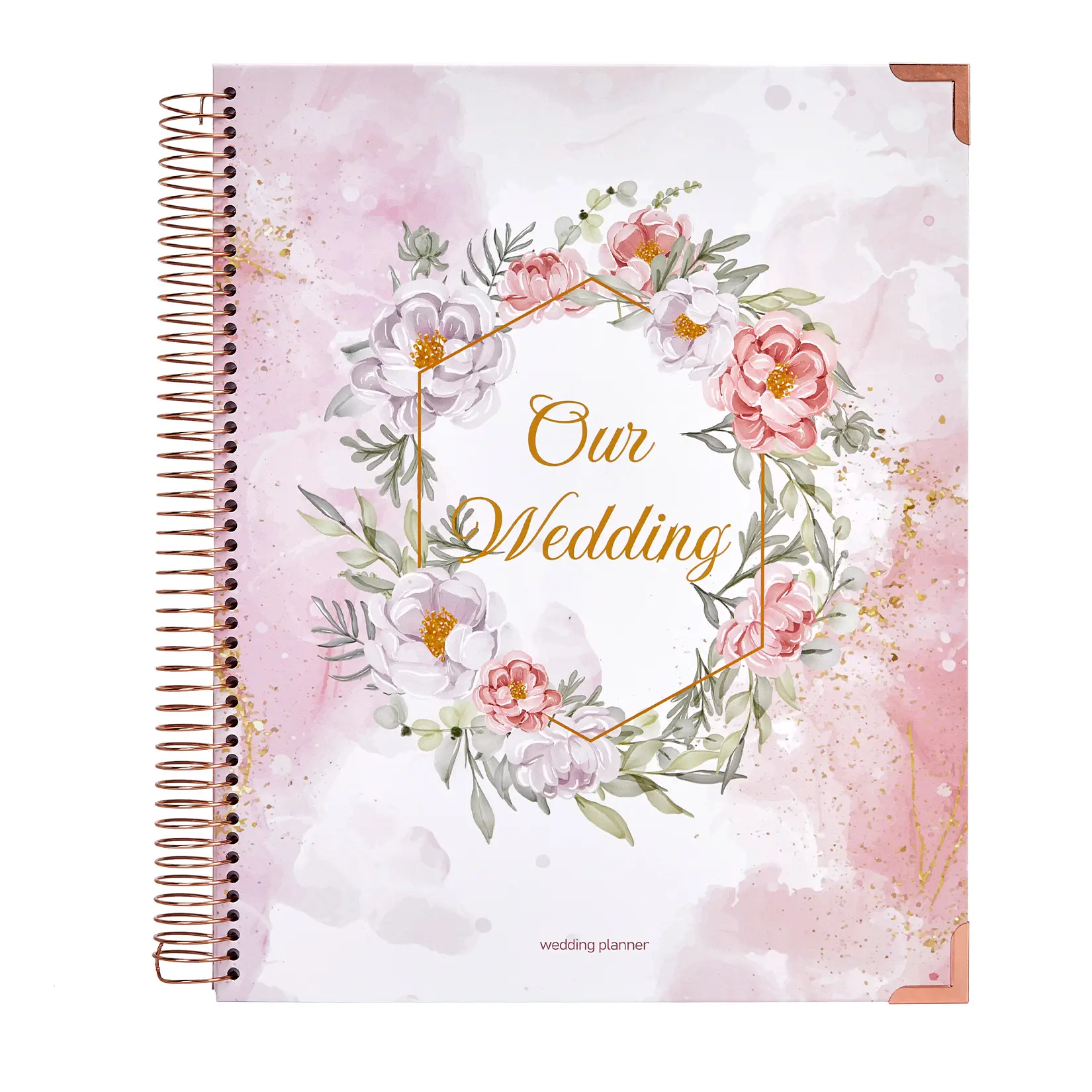 Floral Hexagon A4 Wedding Planner Notebook – Gold Foil Spiral, Dividers & Stickers