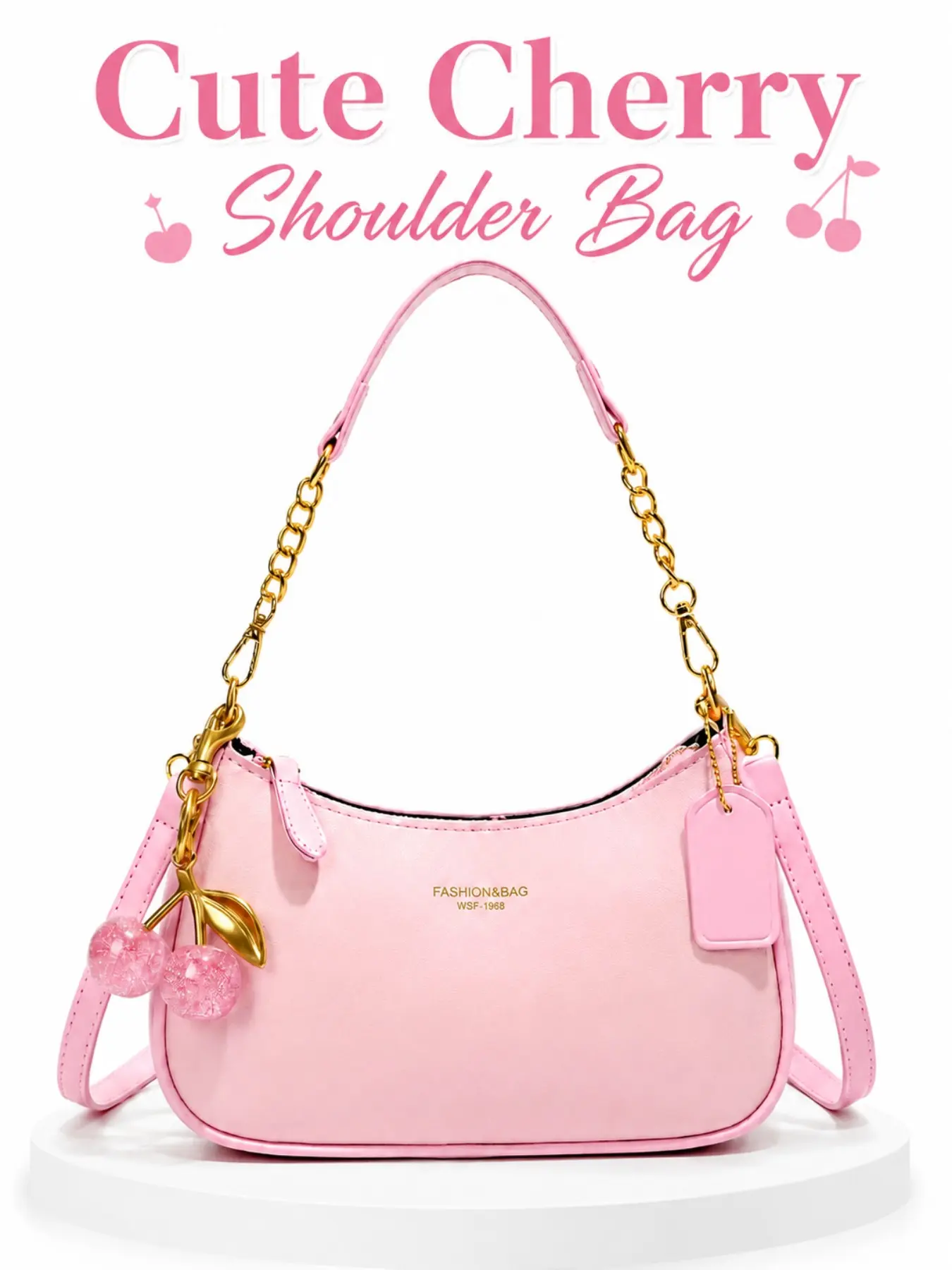 Trendy Women's Shoulder Bag with Cherry Charm, Waterproof PU Leather Handbag, Fashion Printed Baguette Purse with Metal Chain Accent, Lightweight Everyday Women Bag for Shopping, Work, Commuting, Travel, Fashionable Unique Bags, Fashion Purses