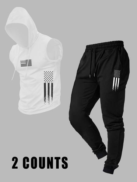 Men's Casual Hooded Vest with Long Pants, Comfortable Fitted Knit Fabric for Fall Season, Stylish Set for Everyday Wear, Activewear