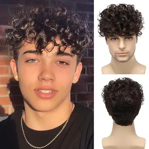 European American Men Brown Short Small Curly Synthetic Full Wig, Heat Resistant High Temp Fiber Fluffy Tiny Curl Hairstyle, Adjustable Breathable Cap For Daily, Party, Halloween Cosplay Hair Wig