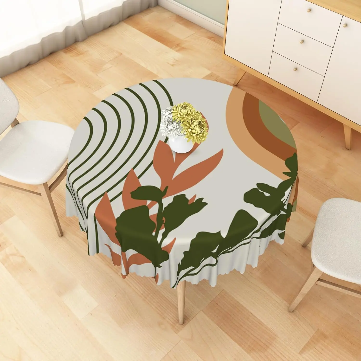Bohemian Polyester Tablecloth - Striped Abstract Rainbow Leaves Plants Design, Waterproof, Stain Resistant, Machine Washable, Rectangle/Round 60in Table Cover for Home Kitchen, Outdoor Use