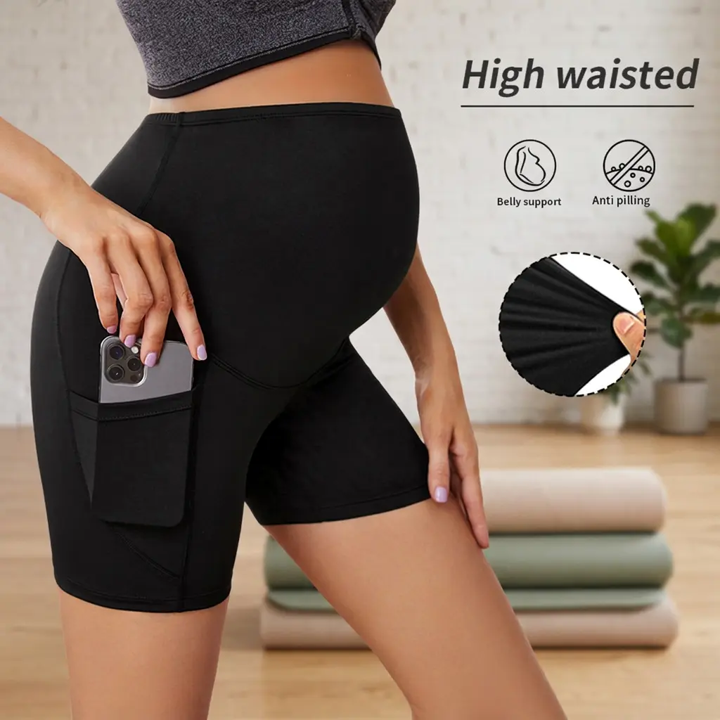 Dadamayar Women's High-Waist Over-Belly Mini Length Slim-Fitting Maternity Biker Shorts - Polyester Blend, Moisture-Wick, Side Pockets, Stretch Activewear (S-XXL) | Maternityclothes, Pregnancy Bottoms, Prenatal Maternity Clothing