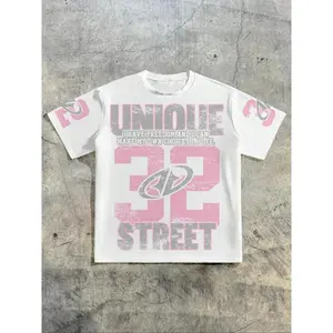 Casual Street Style, Y2K Style, Pink Numeric Placement Print Pattern, Minimalist Round Neck Short Sleeve Loose T-Shirt, Unisex, Suitable For Summer