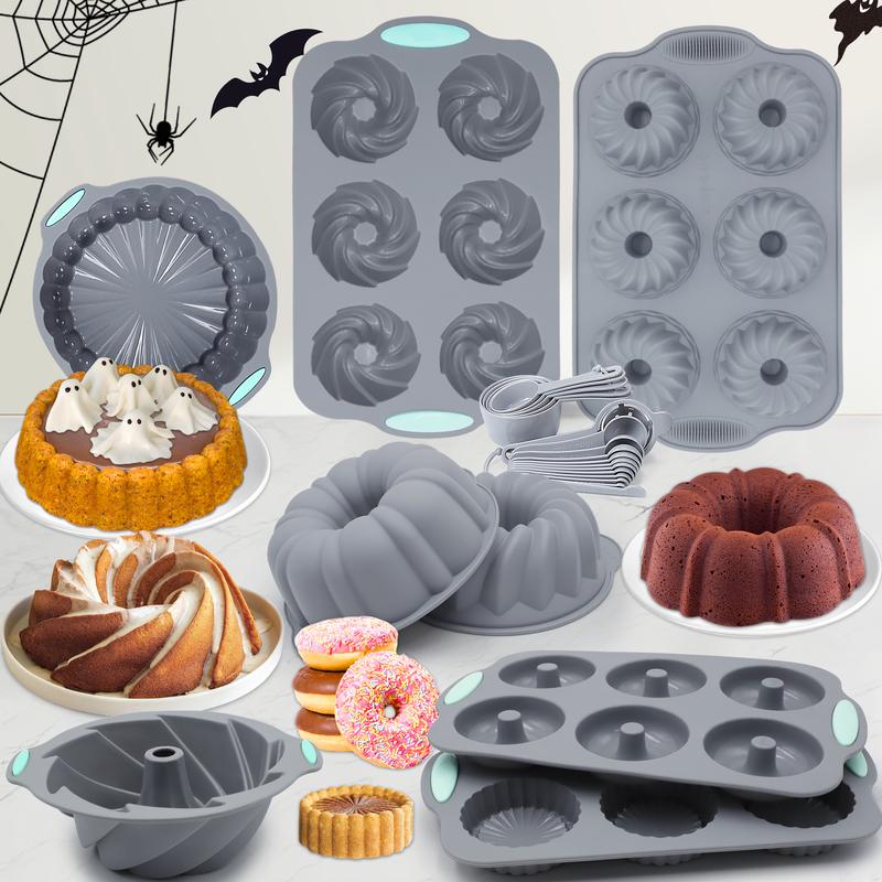 46/25 Pieces,Silicone Bakeware Set, Non-Stick Kitchen Oven Baking Pans, Silicone Cake Molds with Cake Pan, Chiffon Cake Pan, Donut Pan, Charlotte Cake Pan, Square Cake Pan and Loaf Panilicone .Dishwasher safe,Halloween gift. Birthday Fluted Bundt Cake Pan