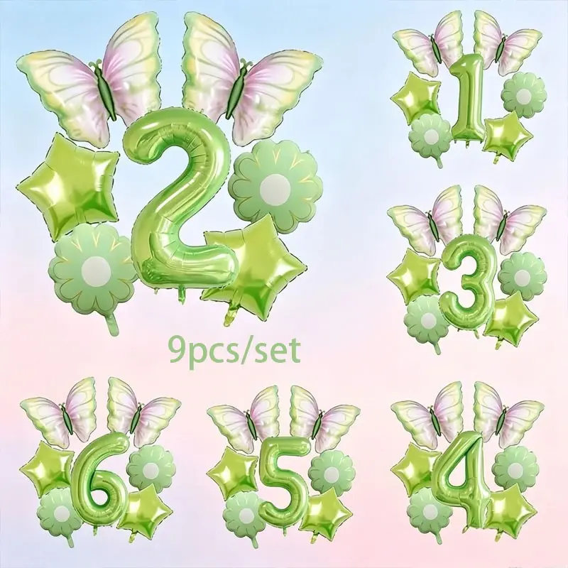 9-Piece Butterfly Theme Number Balloons Set,Balloon Party Supplies,Featuring a 32-inch digital display in apple green,Butterfly Balloons,Suitable for birthday party decoration,Outdoor picnic