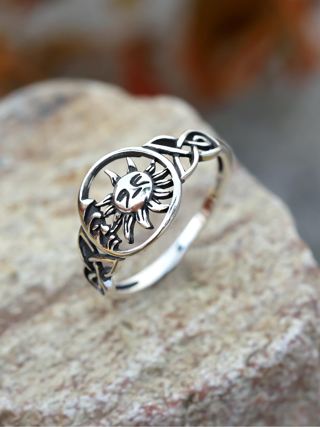 925 Sterling Silver Vintage Hollow Out Sun & Moon Design Cuff Ring, Statement Ring, Fashion Jewelry Accessories for Men & Women, Trendy All-match & Exquisite Jewelry for Birthday Gift