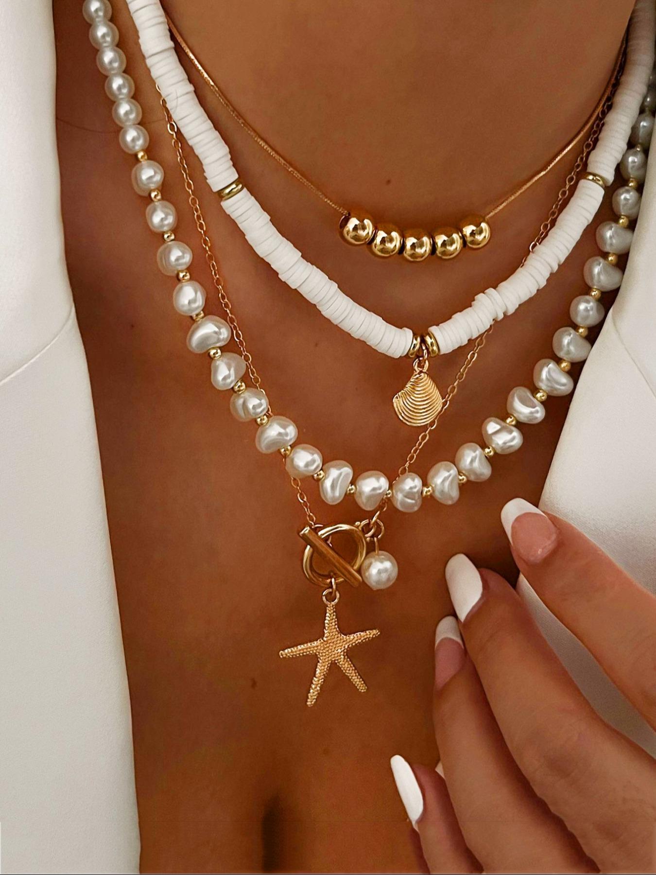 4-piece Boho Style Faux Pearl & Starfish & Shell Decor Necklace, Fashion Summer Style Jewelry for Party, Daily Clothing Decor, Trendy All-match & Exquisite Jewelry for Birthday Gift, Trendy Charms Necklace, Beaded Necklace, Daily Wear Necklace