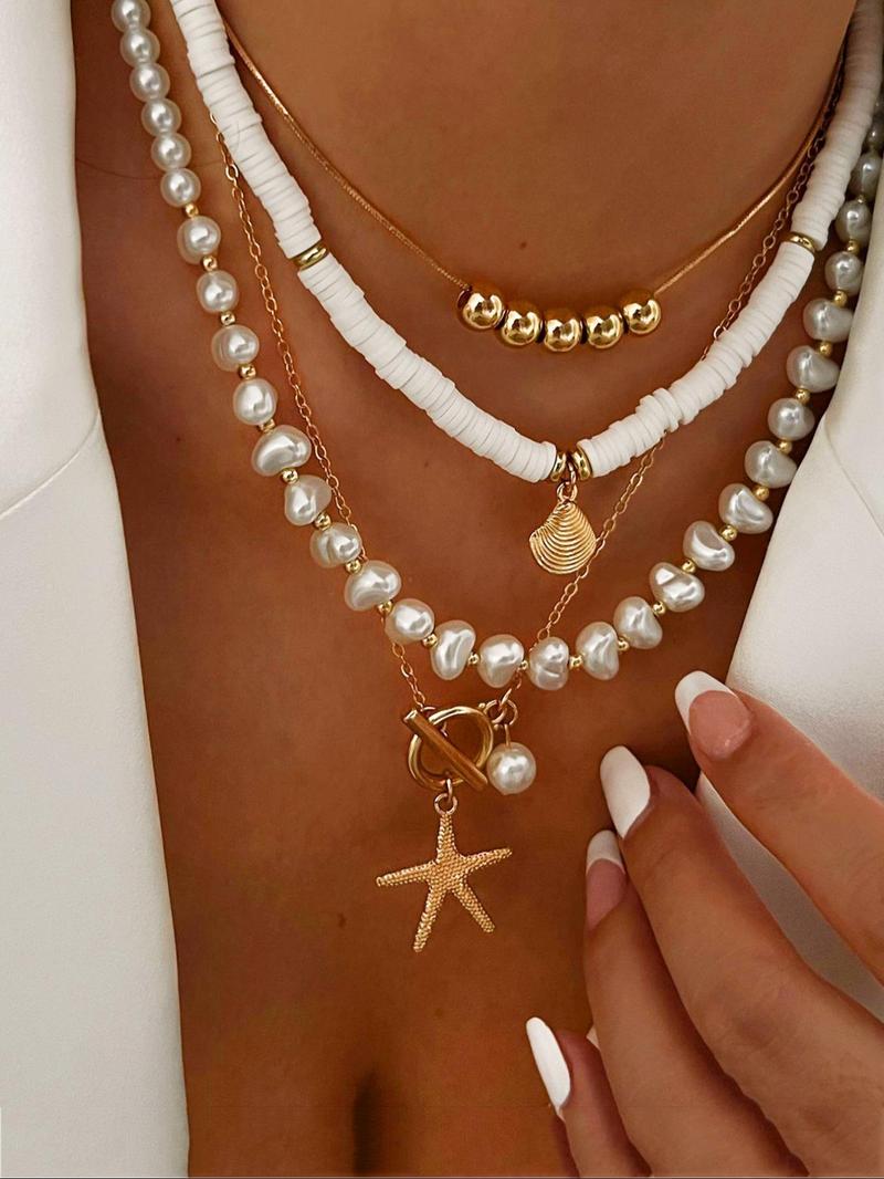 4-piece Boho Style Faux Pearl & Starfish & Shell Decor Necklace, Fashion Summer Style Jewelry for Party, Daily Clothing Decor, Trendy All-match & Exquisite Jewelry for Birthday Gift, Trendy Charms Necklace, Beaded Necklace, Daily Wear Necklace