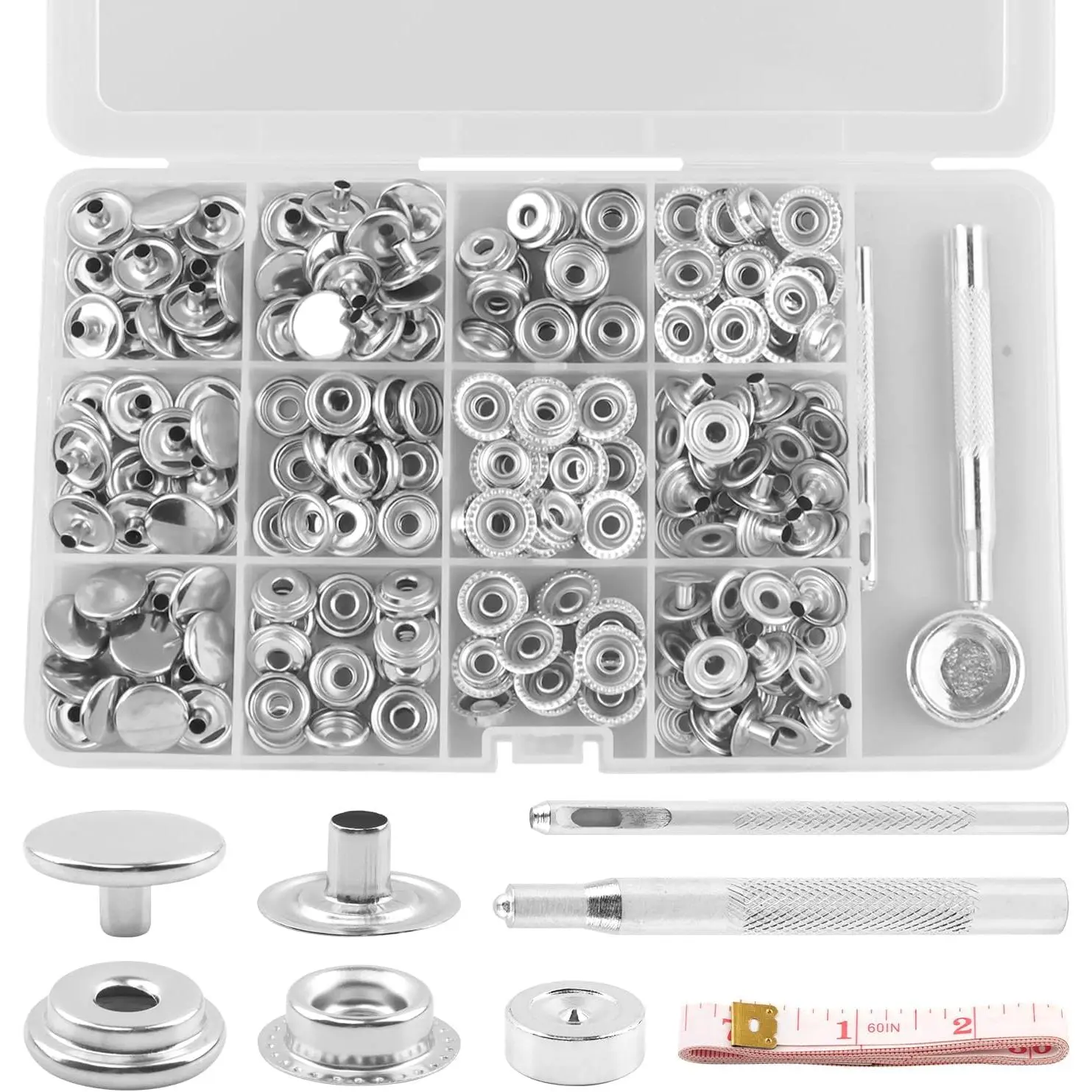 200 count Canvas Snap Kit - 50 Sets 15mm Stainless Steel Heavy Duty Snaps with Setting Tool & Measuring Tape - Professional Metal Fastener Buttons for Boat Covers, Leather & Clothing