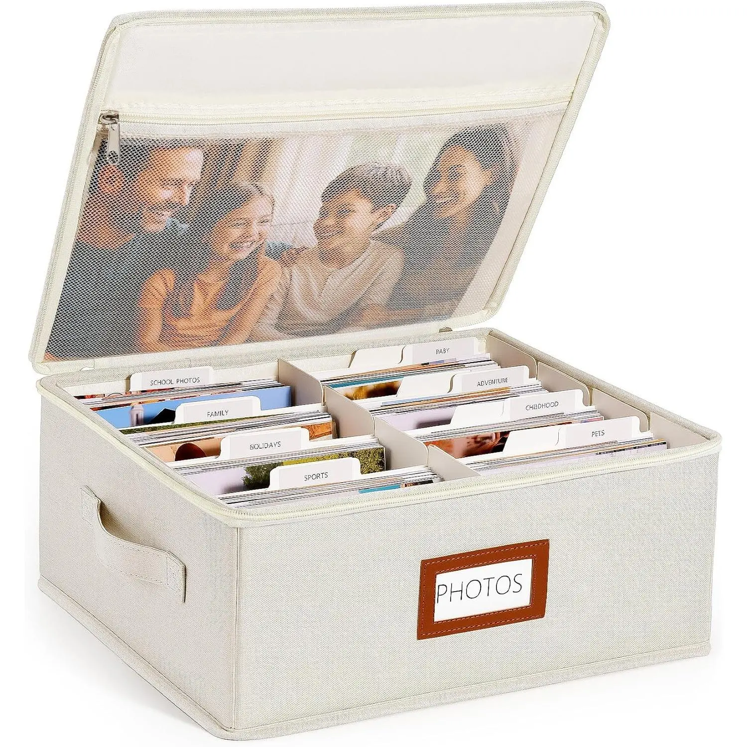 Photo Storage Box with Lid & Dividers, Linen Photo Organizer for up to 2000 4x6 Pictures, Keepsake Memory Box with Side Handle for Family, Wedding & Baby Photos, Cards, Scrapbook