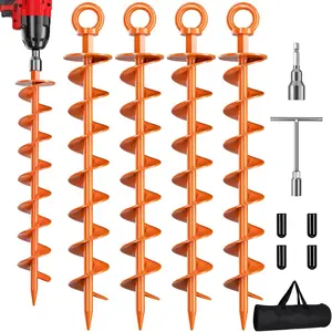 Ground Anchor Screw in, 4 Pack Spiral Trampoline Anchors with Nut and Tool Swing Set Anchors Tent Stakes High Wind Heavy Duty for Sheds, Carports, Mobile Home Orange