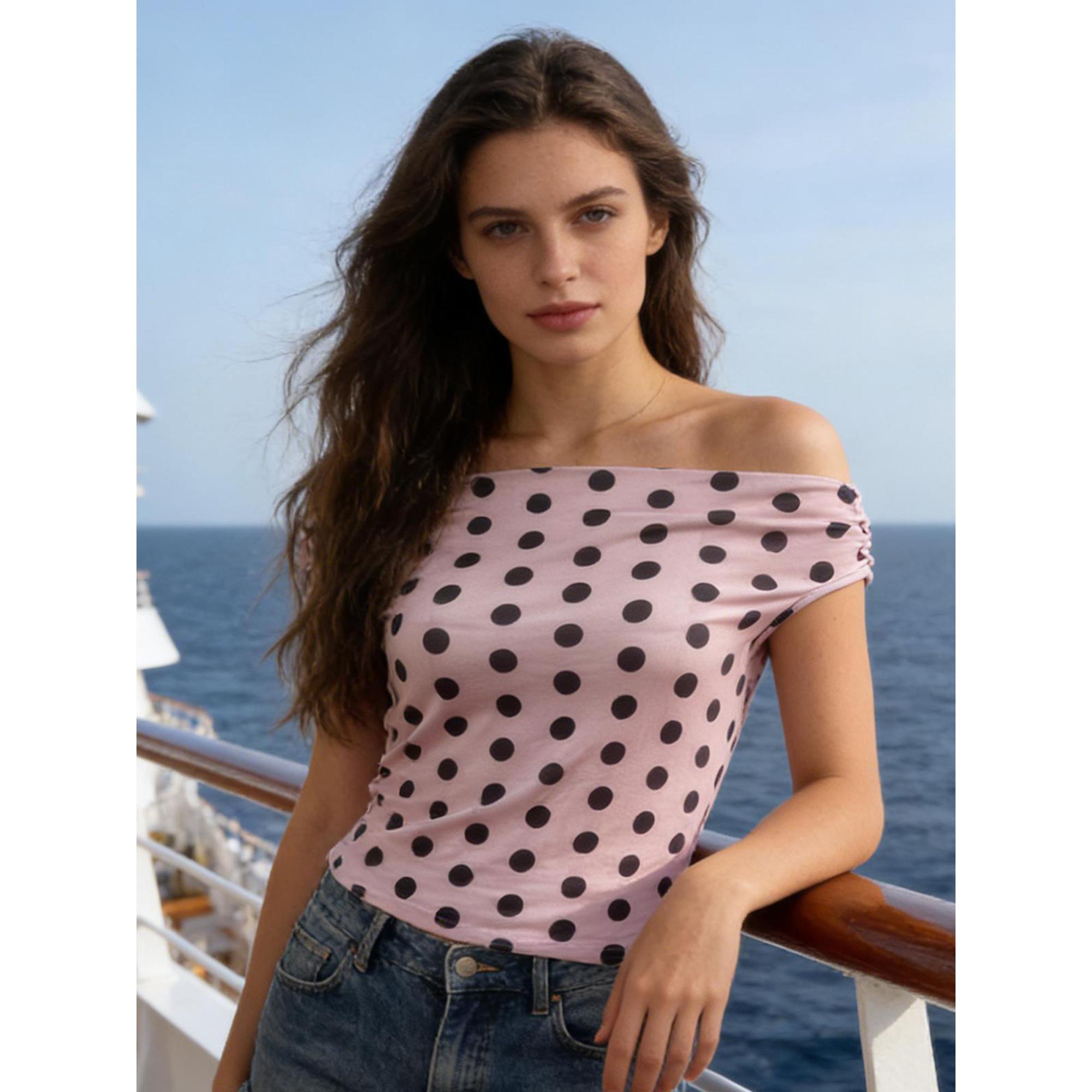 Women's Off Shoulder Crop Tops Summer Short Sleeve Dot Print TrendyFit T-shirt