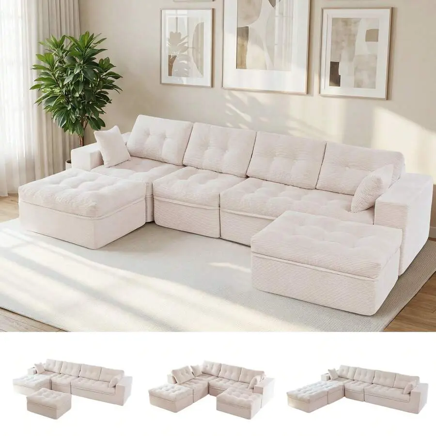 L-Shaped Modular Sofa With Convertible Left/Right Ottoman,Cloud-Textured Tufted Cushions,Four Combinations,Sofa In A Box,No Assembly Required