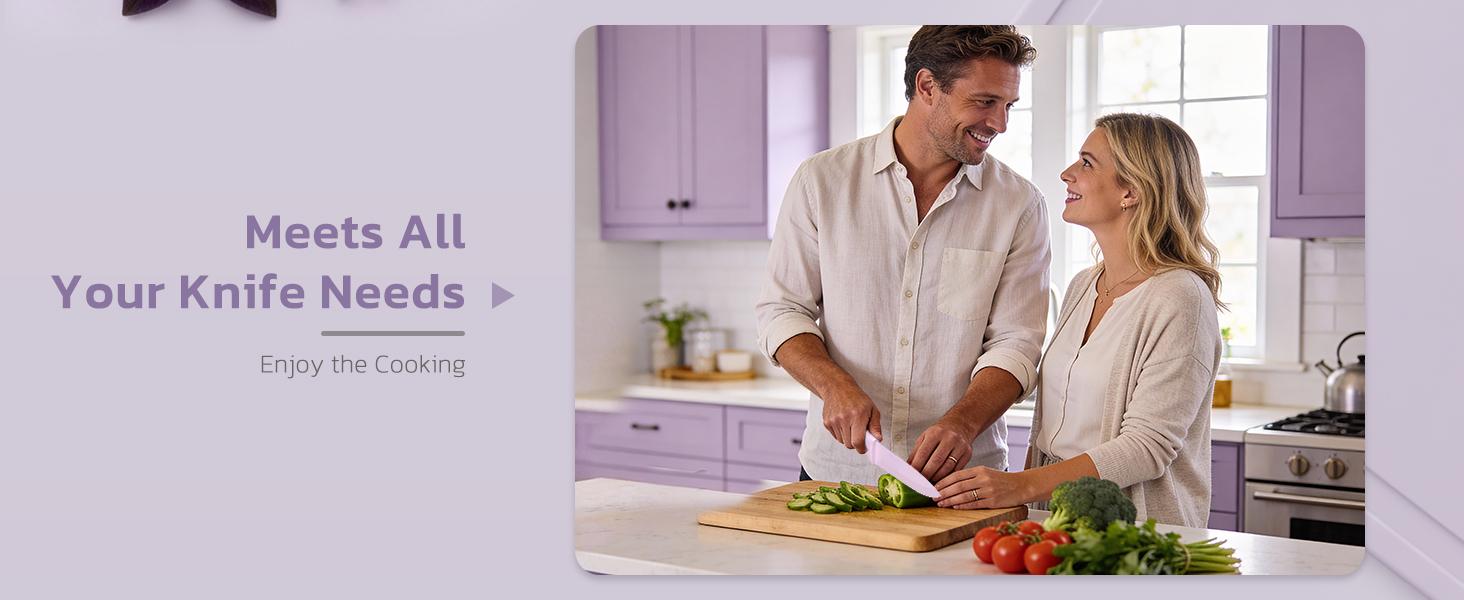 Knife Set, 13 Pieces Kitchen Knives Set with Healthy Anti-Rust Coating, Dishwasher Safe, Stainless Steel Chef Knife Sets with 6 Blade Guards, Perfect Holiday Gifts for Kitchen Purple