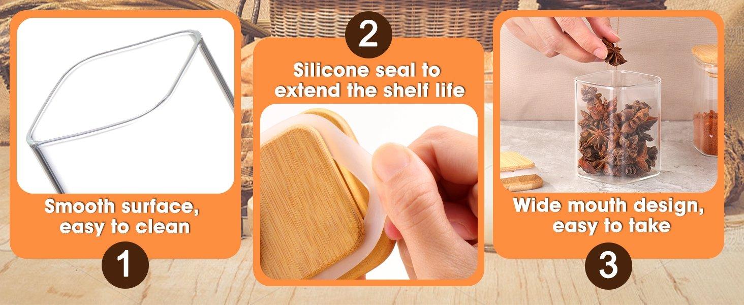 THE WELL KEPT Glass Spice Jars  Bamboo Lids - 9 Oz Small Square Storage Jars  Airtight Lids Clear Pantry Food Storage Containers Glass Canister Set  Labels for Kitchen Coffee Sugar Flour(Set Of 10)