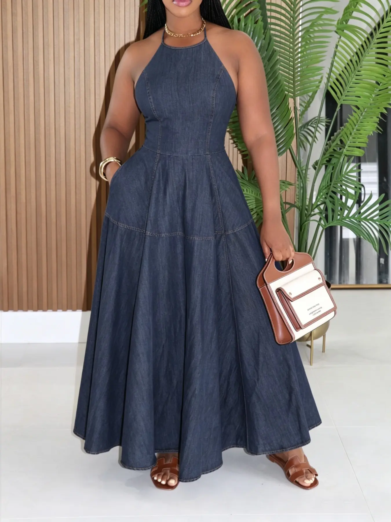 Elegant Plain Washed Denim Dress, Halter Neck Strapless Sleeveless Top, Long Denim Skirt for Women, Spring Summer Fashion