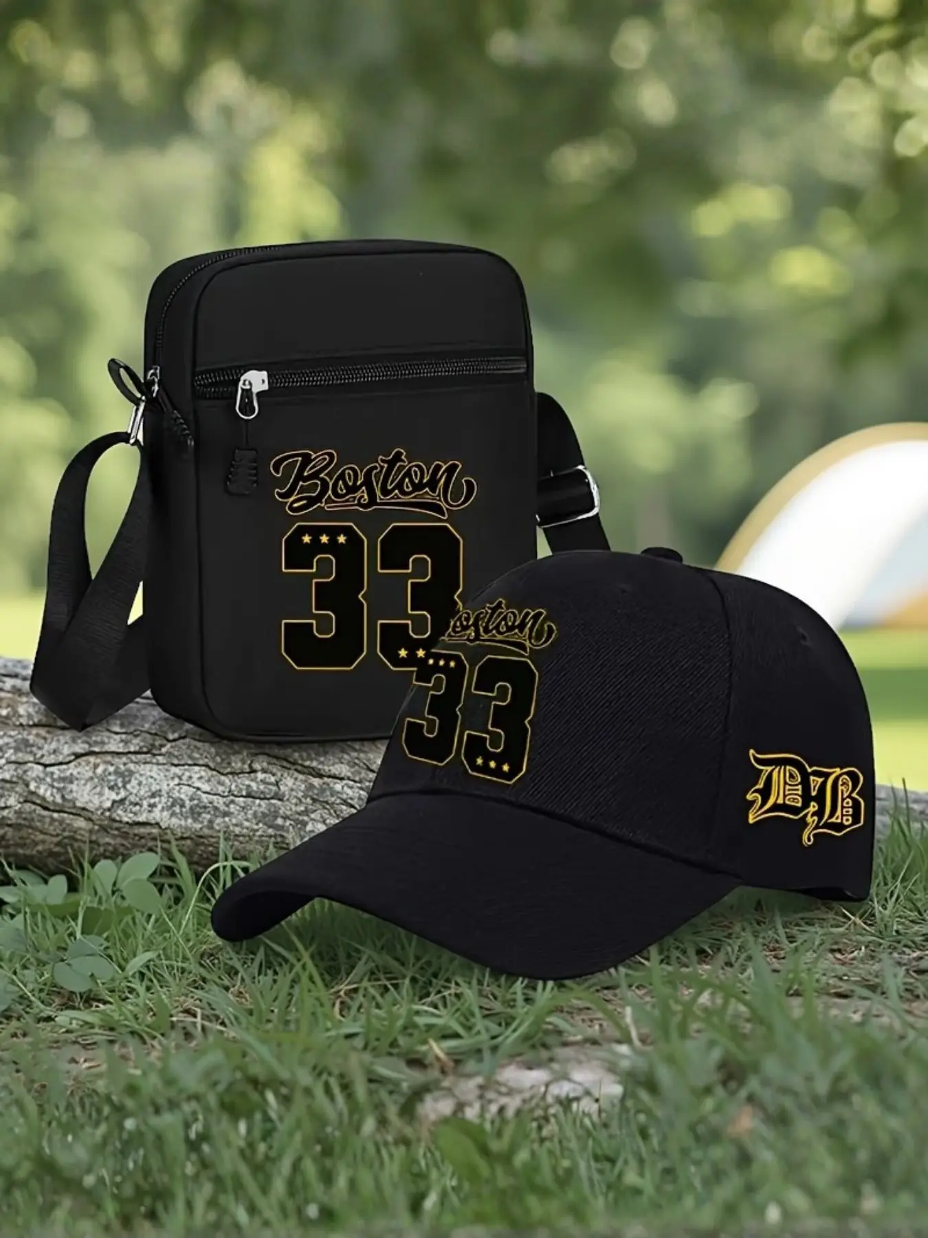 2pcs Boston 33 Geometric Print Baseball Caps and Crossbody Bags, Adjustable Street Fashion Accessories, All Seasons, Perfect for Daily Wear and Gifts