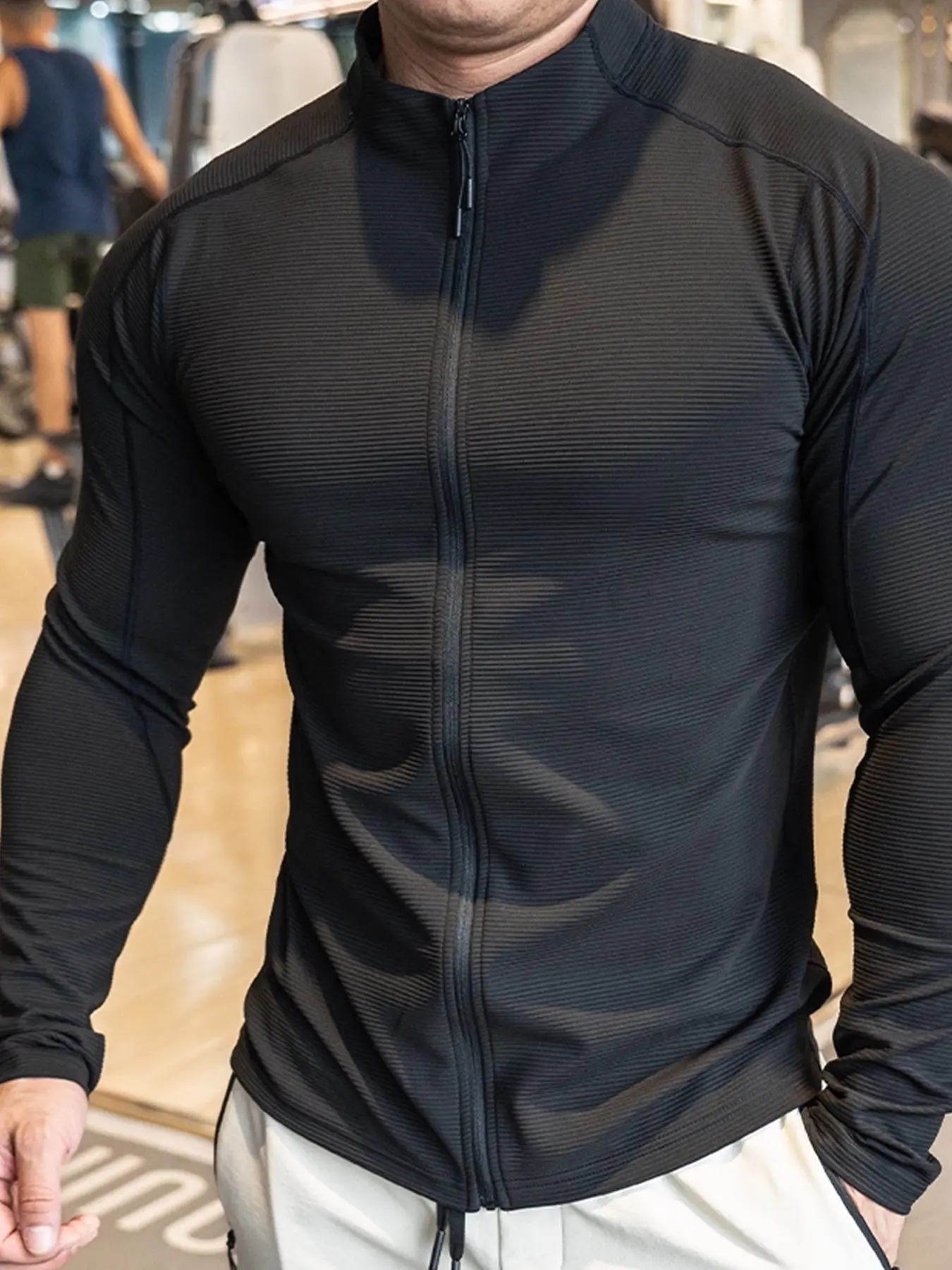 Minimalist Raglan Full-Zip Men Fitness Jacket, Workout Jacket, Seam Vertical Strip Long Sleeve Athletic Top, Soft Moisture Wicking Quick Dry Breathable Warm Sportswear for Gym Running Street Smart Casual Business
