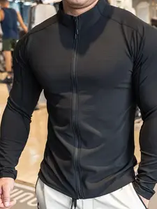 Minimalist Raglan Full-Zip Men Fitness Jacket, Workout Jacket, Seam Vertical Strip Long Sleeve Athletic Top, Soft Moisture Wicking Quick Dry Breathable Warm Sportswear for Gym Running Street Smart Casual Business
