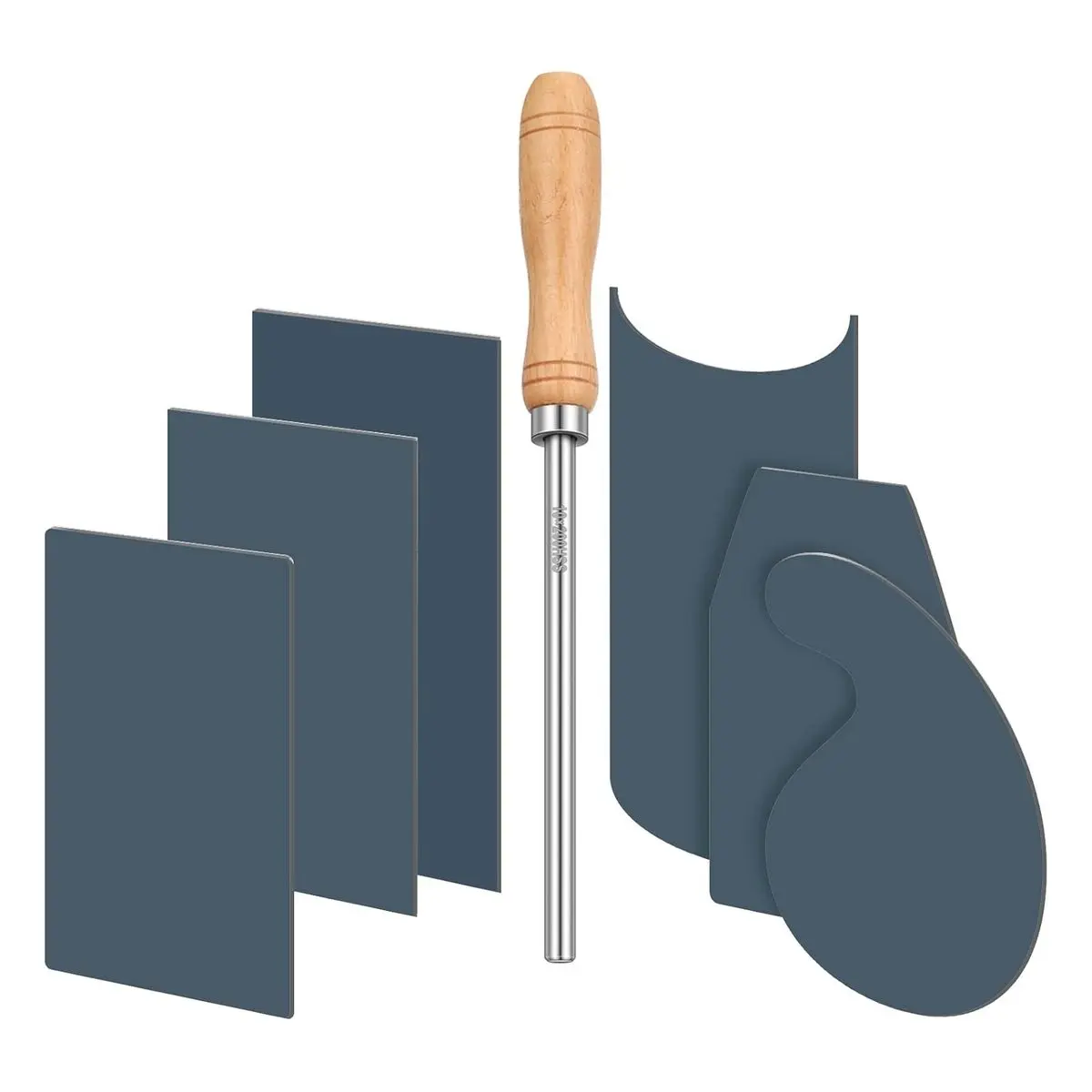 Card Scraper Burnisher and 6 Pcs Cabinet Scraper Set for Woodworking, Include 3 Rectangle, 1 Gooseneck, 1 Curved, 1 Beveled Hand, Blue