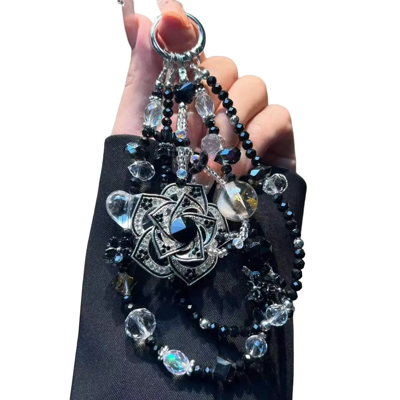 Creative Rotating Rose Flower Phone Lanyards, Flashing Crystal Beads, European Style Stress Relief, Bag Charm, Camera Decor, Keychain, Earphone Pendant