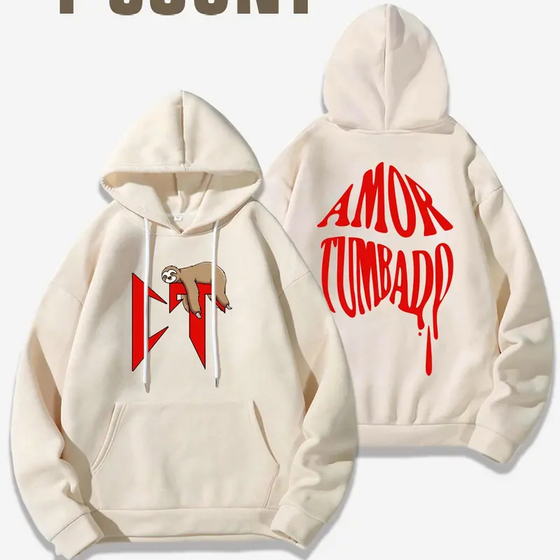 Unisex Men's Cartoon Sloth & Letter Graphic Print Drawstring Pocket Hoodie, Loose Oversize Fashion Casual Soft Long Sleeve Hooded Sweatshirt Tops for Daily Outdoor Wear, Men Clothes for Fall & Winter, Halloween