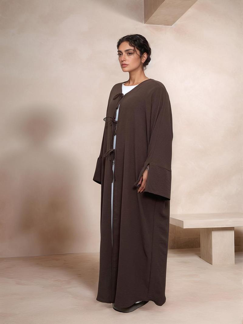 Women's Solid Color Tie Front Open Front Robe, Casual Long Sleeve Long Dress for Daily Wear, Ladies Islamic Clothing for All Seasons, Modesty Muslim Clothing, Muslim Women Gowns