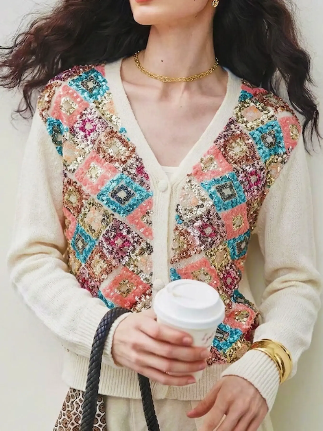 Vintage Multicolor Beaded Geometric Knit Cardigan for Women, Loose Fit V-Neck Long Sleeve Luxury Daily Layering Sweater