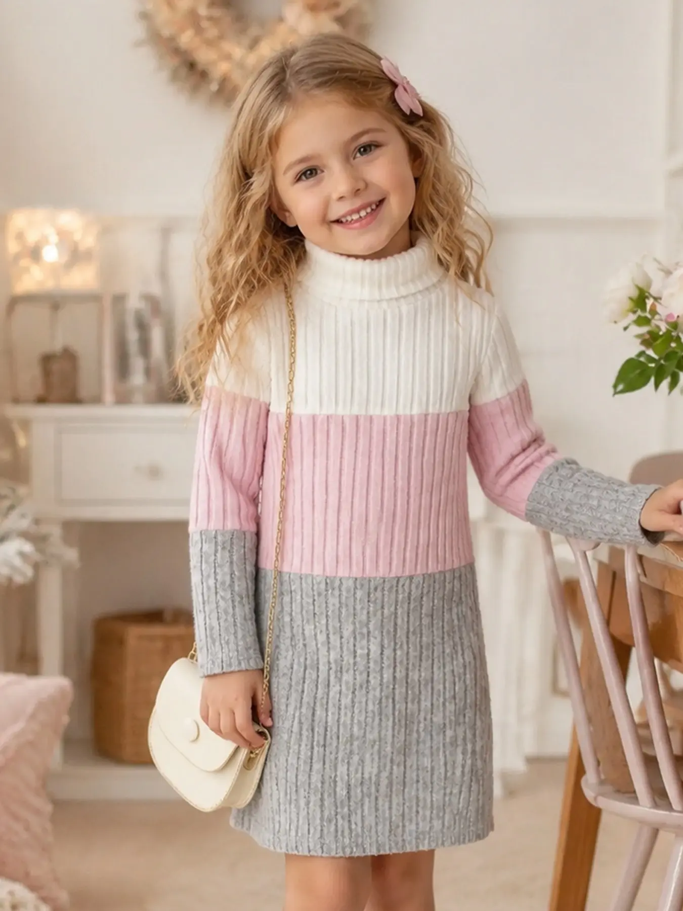 Girls' High Neck Knit Dress, Three-Color Striped Patchwork Slim Fit Long Sleeve Sweater Dress, Cozy Warm Knit Dress, Fall Dresses