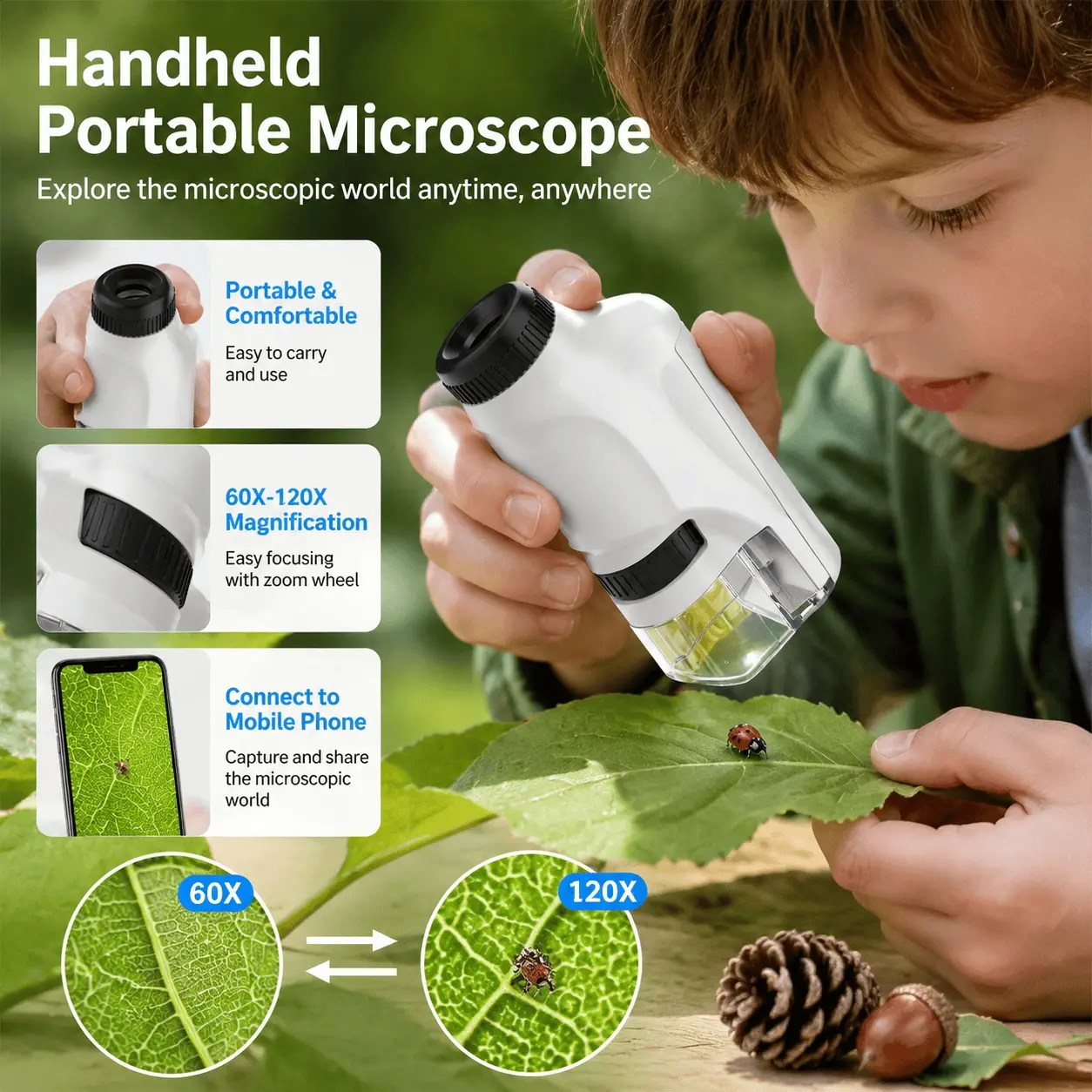 Portable Kids Pocket Microscope, 120X Magnification STEM Science Toy with LED Light, Educational Gift for Students, Outdoor Exploration Lab Kit, Christmas Birthday Present for Children