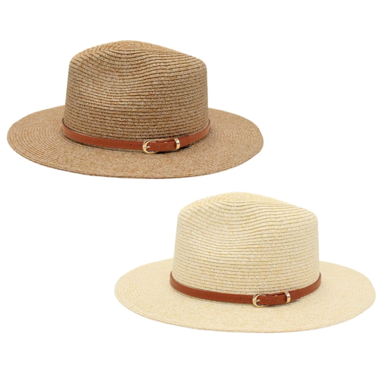 Women's Flat Brim Straw Fedora Hat Summer Beach Panama Leather Belt Cuban Sun Cap