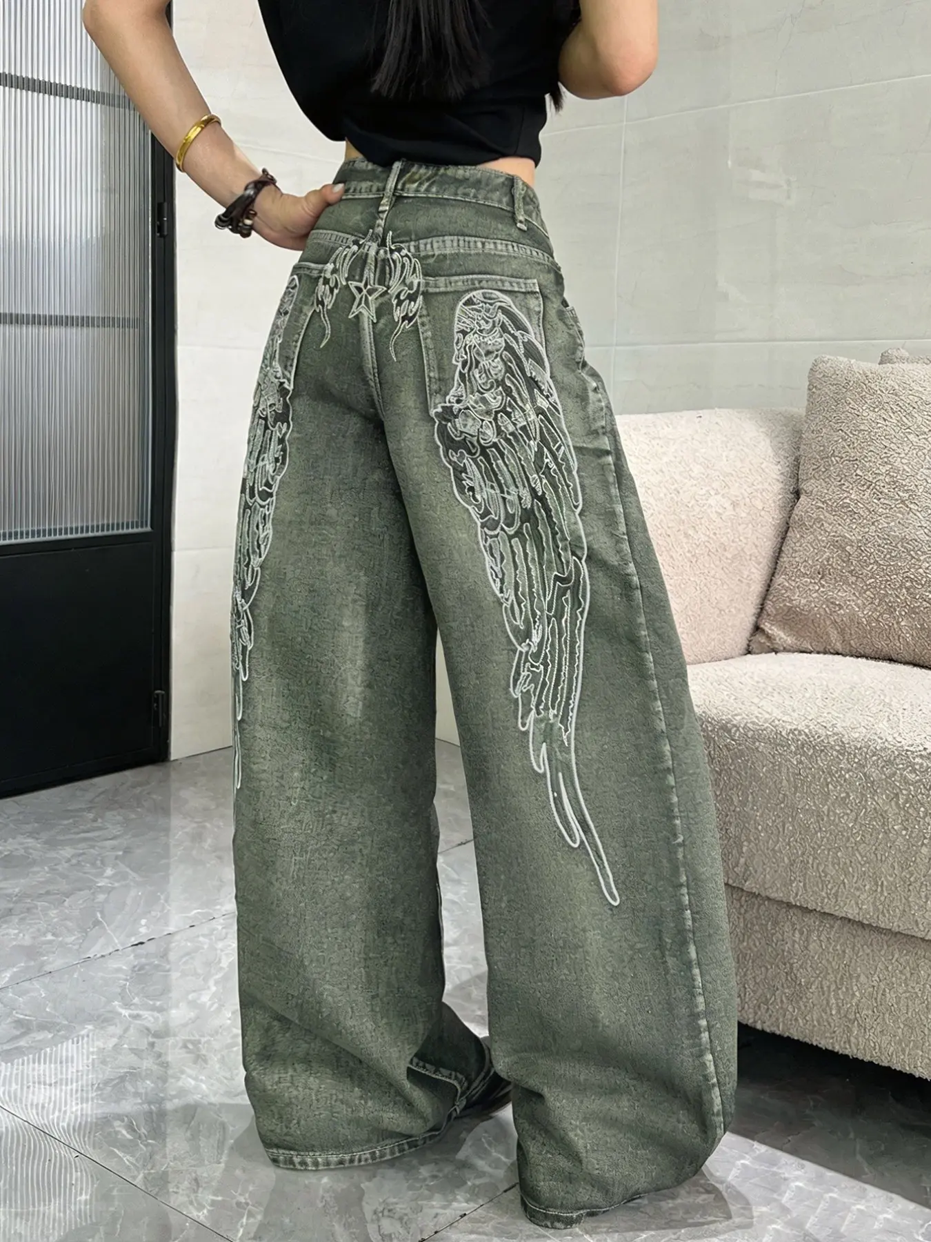 Women's Vintage Washed Denim Jeans, Embroidered Wing Design, Straight Leg Wide Leg Pants, Street Fashion Loose Fit Long Pants, Streetwear