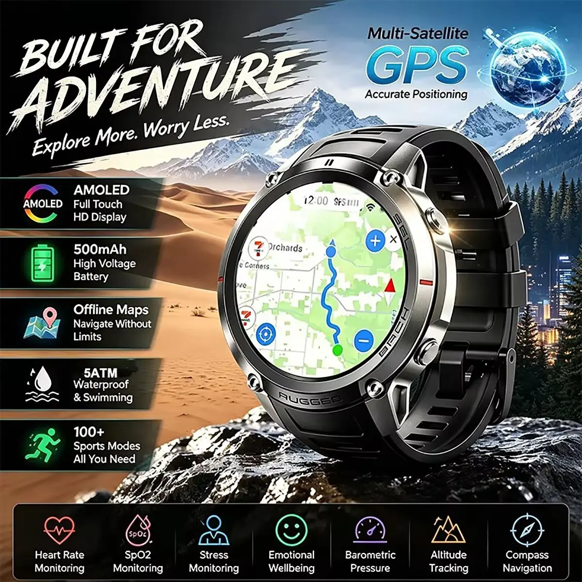 Smart Watch GPS Outdoor Sports, 6 Satellite Positioning, 1.43 Amoled Screen, 5atm Waterproof, Bluetooth-compatible, Music Player, iOS Compatible