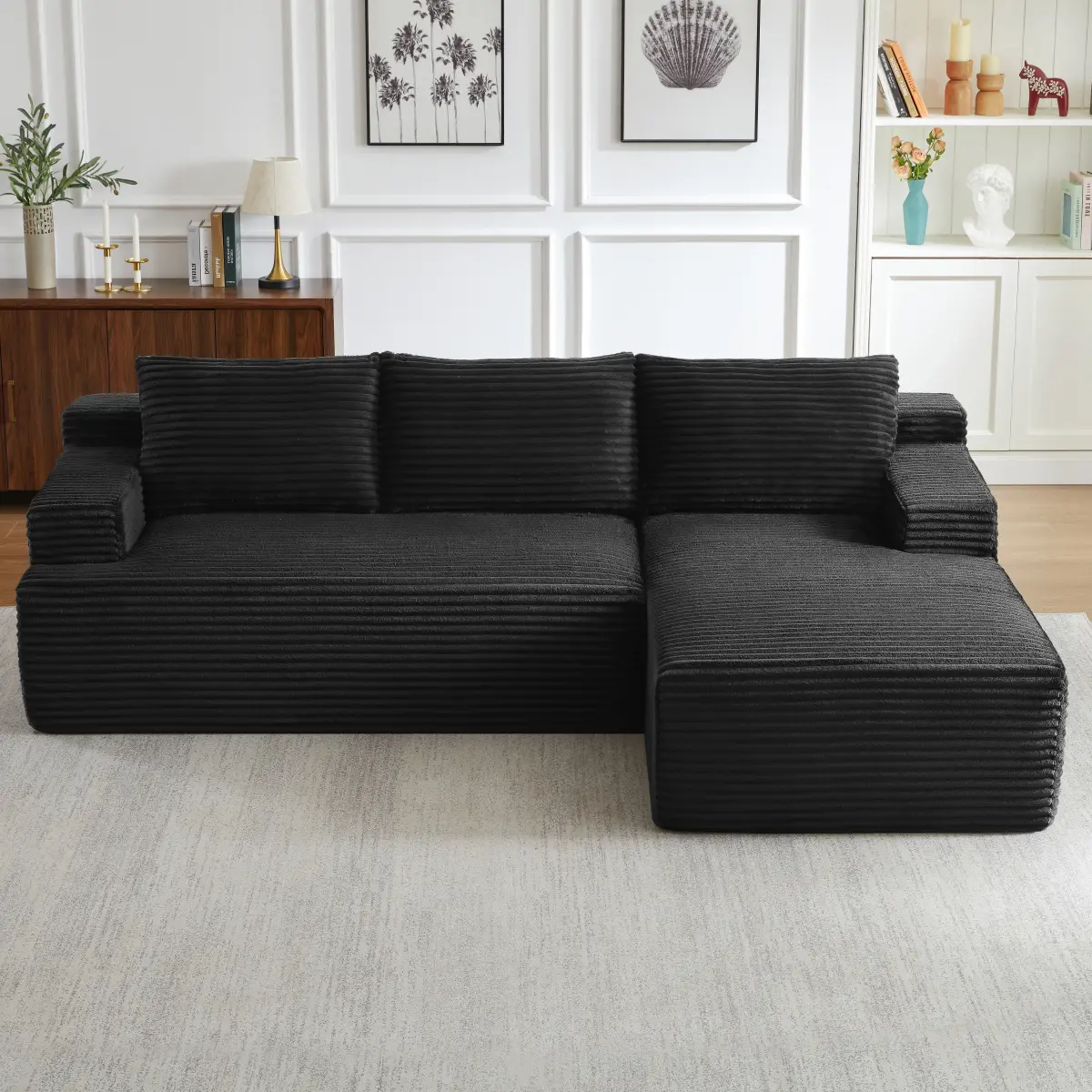 Black L-Shaped Cloud Sectional Sofa - Cloud Couch, Corduroy, Deep Seat, Modular Sleeper, Compressed Pack, Unpack & Go, No Assembly Required for Living Room, Bedroom