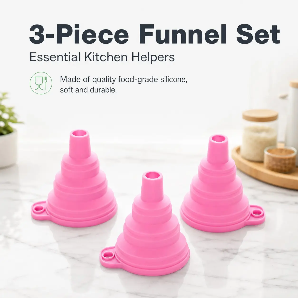 3 Piece Foldable Silicone Funnel Set, Food Grade Adjustable Pouring Funnel, Ideal for Oils Powders Liquids, Kitchen Filling Tool