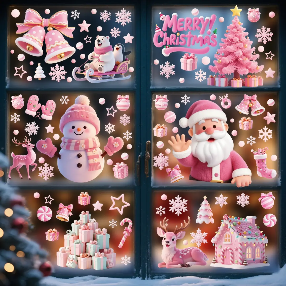 121pcs/9sheets Pink Christmas decals ,santa claus, snowman, penguin, polar bear ,holiday shop scene decoration 3D static cling sticker,perfect seasonal holiday decorations，reusable Christmas PVC decals for glass