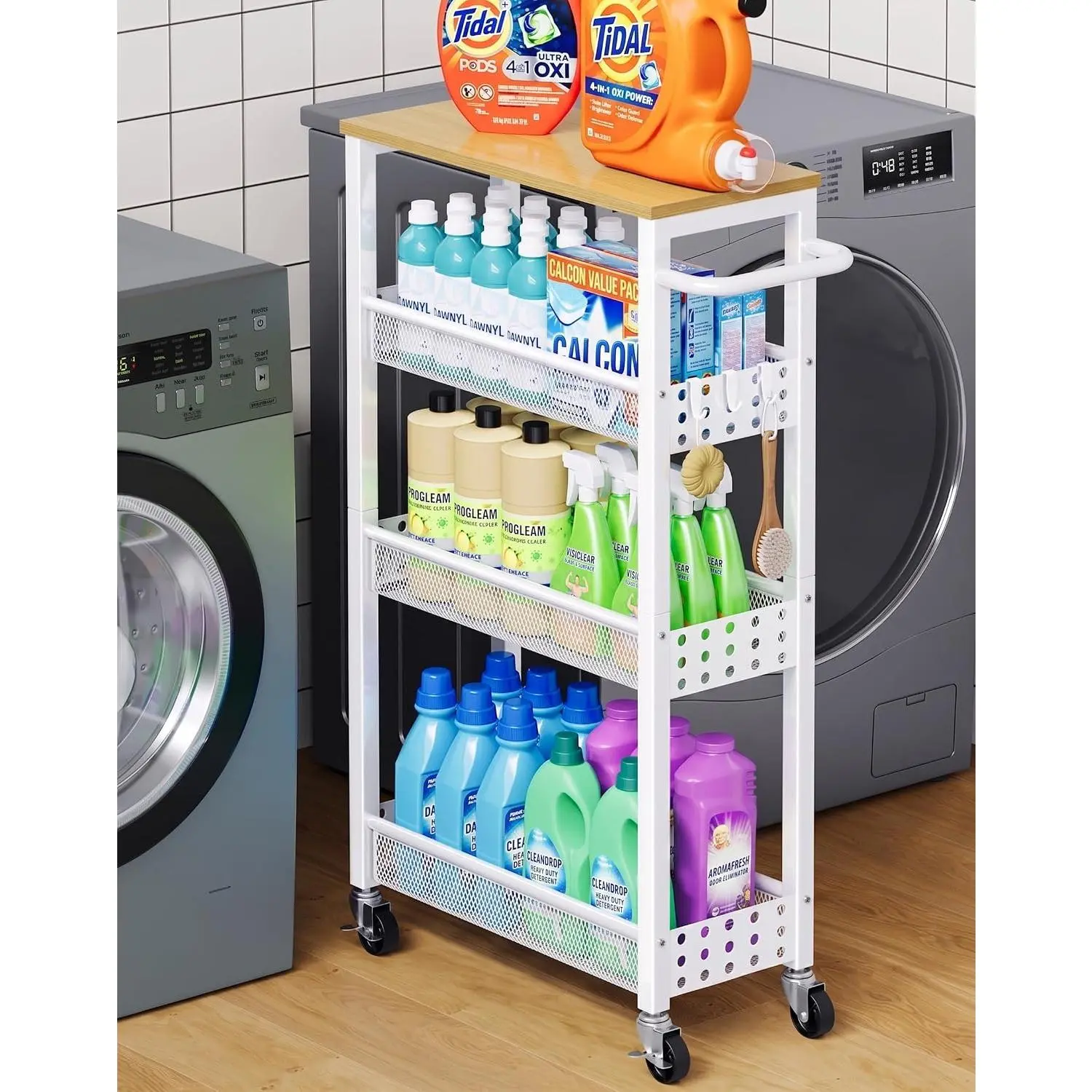 Utility Slim Rolling Cart with Table Top, Narrow Laundry Room Organization and Storage Shelves for Between Washer and Dryer Gap, White Skinny Bathroom Shelf  Wheels,Small Detergent Organizer Cabinet