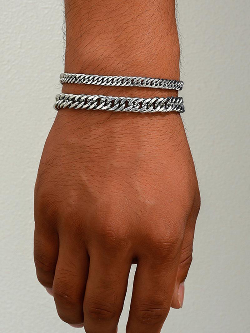 Summer Men's Simple Plain Chunky Chain Link Stackable Bracelet, Fashion Cuban Chain Bracelets Kit, Stainless Steel Bracelet, Elegant Jewelry Bracelet, Casual Versatile Streetwear Jewelry Accessories, Non Tarnish Jewelry, Fashionable Accessories
