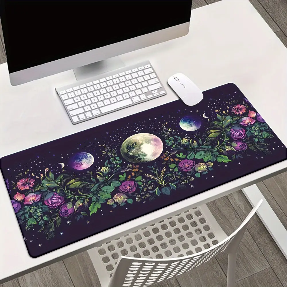 Large Moon and Flowers Gaming Mouse Pad - Waterproof, Anti-Slip Rubber Desk Mat for Office & PC, Vibrant Night Sky Design with Roses and Planets, Soft Rubber Material, Perfect for Gamers and Office Use, Mouse Pads for Desk