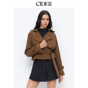 Cider Corduroy Button Long Sleeve Cropped Jacket With Buckle Belt SummerFinds